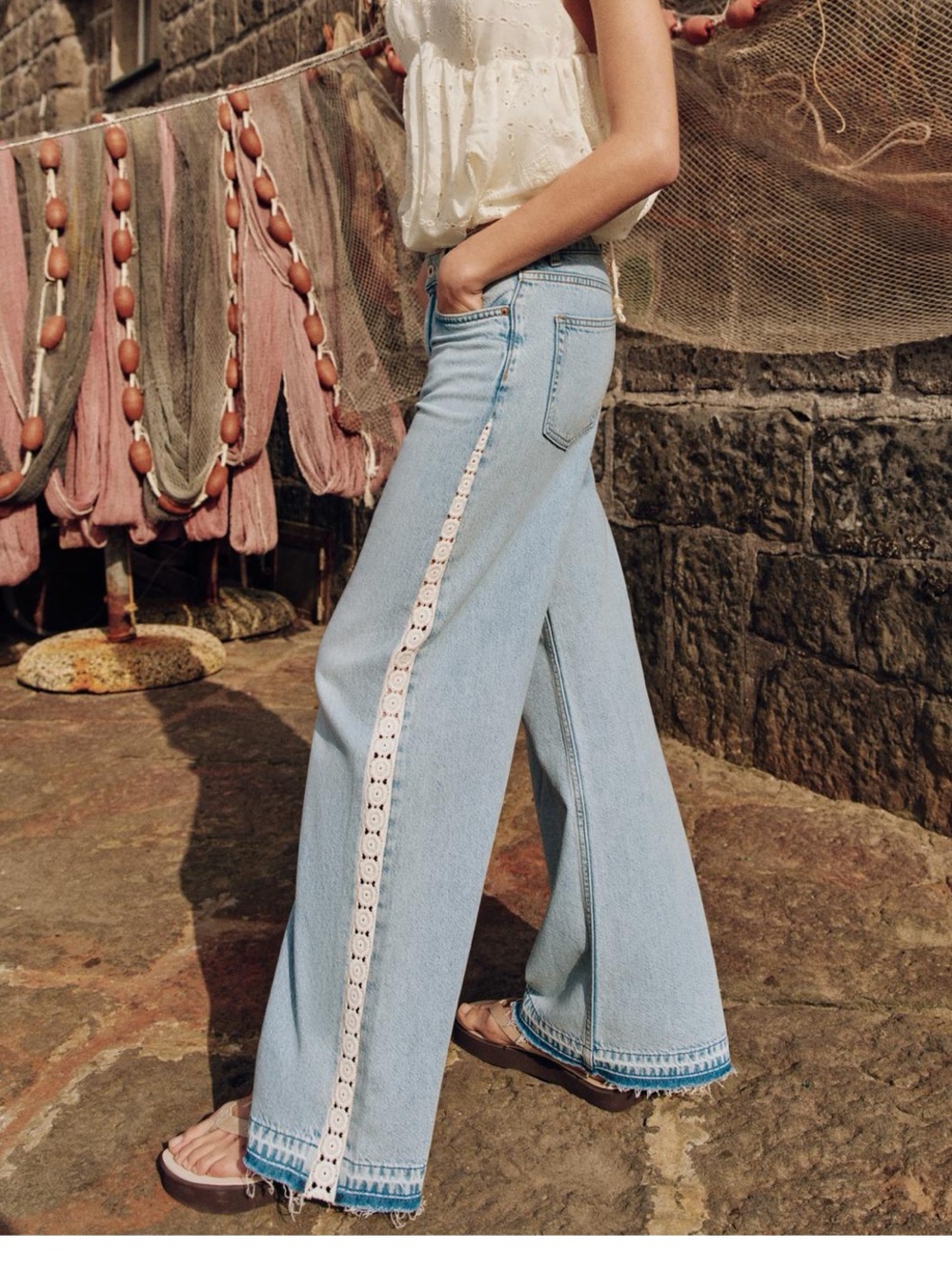 Zara NWT crochet side stripe Light Blue Wide-Leg Women’s Jeans